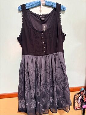 Hot Topic Thorn and Fable Black and Gray Gothic Cemetery Print Dress